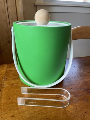 Vintage MCM Green Morgan Bucket Brigade Ice Bucket Clear Lucite Lid And Tongs