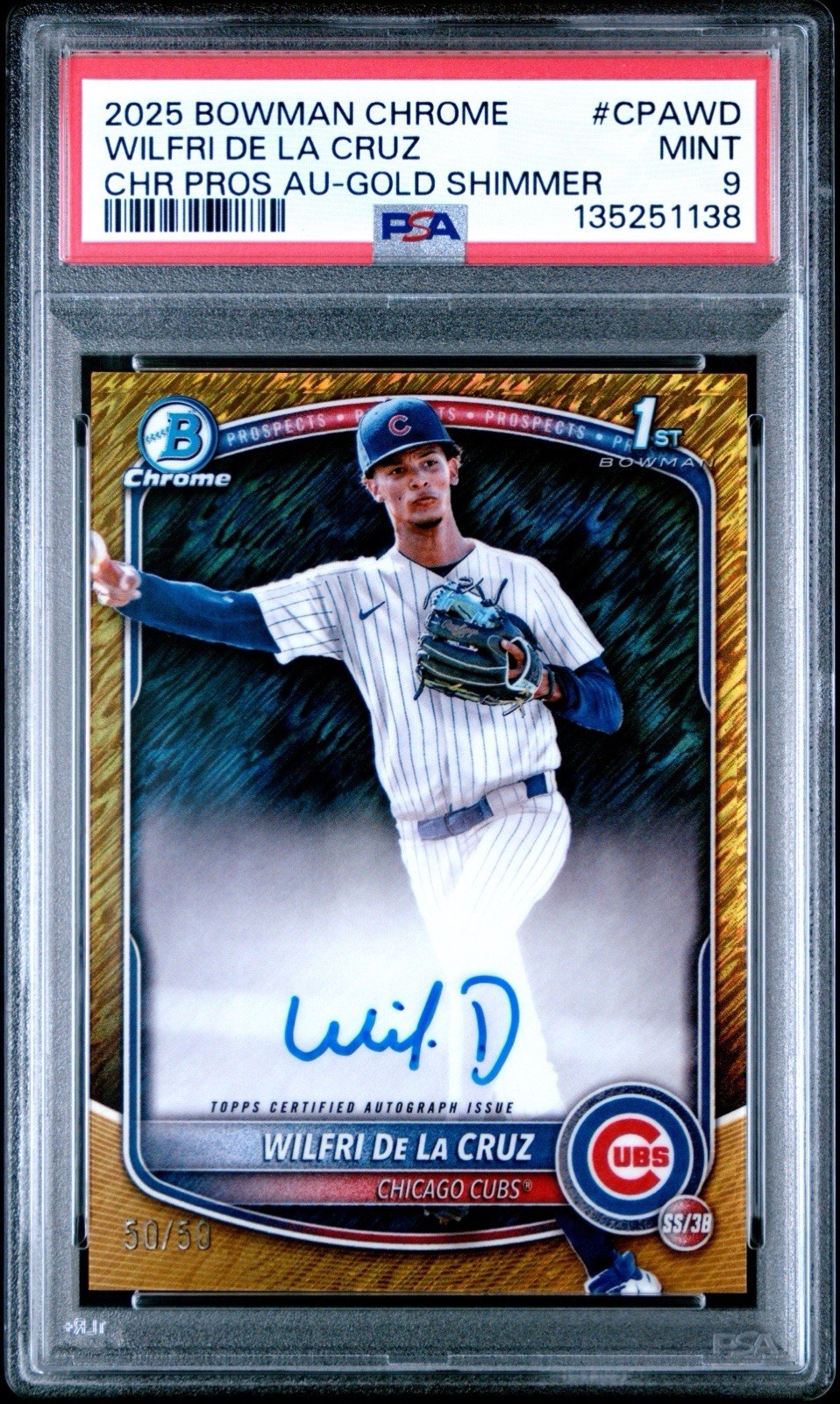 2025 Bowman Chrome 1st Prospect Auto Gold Shimmer /50 Wilfri De La Cruz PSA 9
