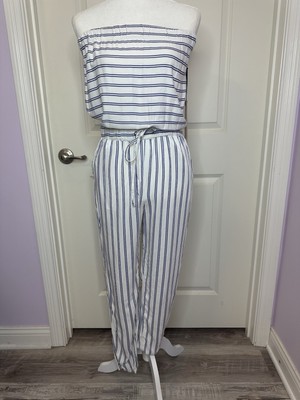 NWT Women's Blue and White Strapless Stripe Jumpsuit Sz Small