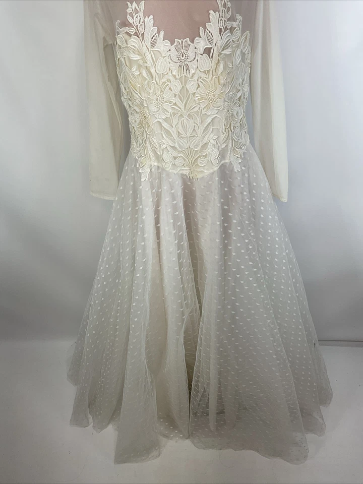 Vintage 80's Tadashi Dress - Size 16 Wedding Formal Illusion Lace Tulle USA MADE - Image 4 of 4