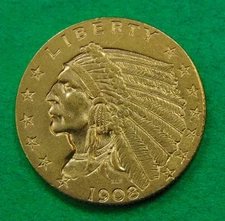 1908 GOLD INDIAN HEAD LIBERTY QUARTER EAGLE $2-1/2 DOLLAR COIN