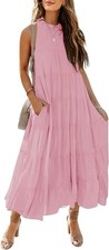 HAEOF Pink Halter Maxi Dress M Boho Tiered Flowy Sleeveless Summer Beach
