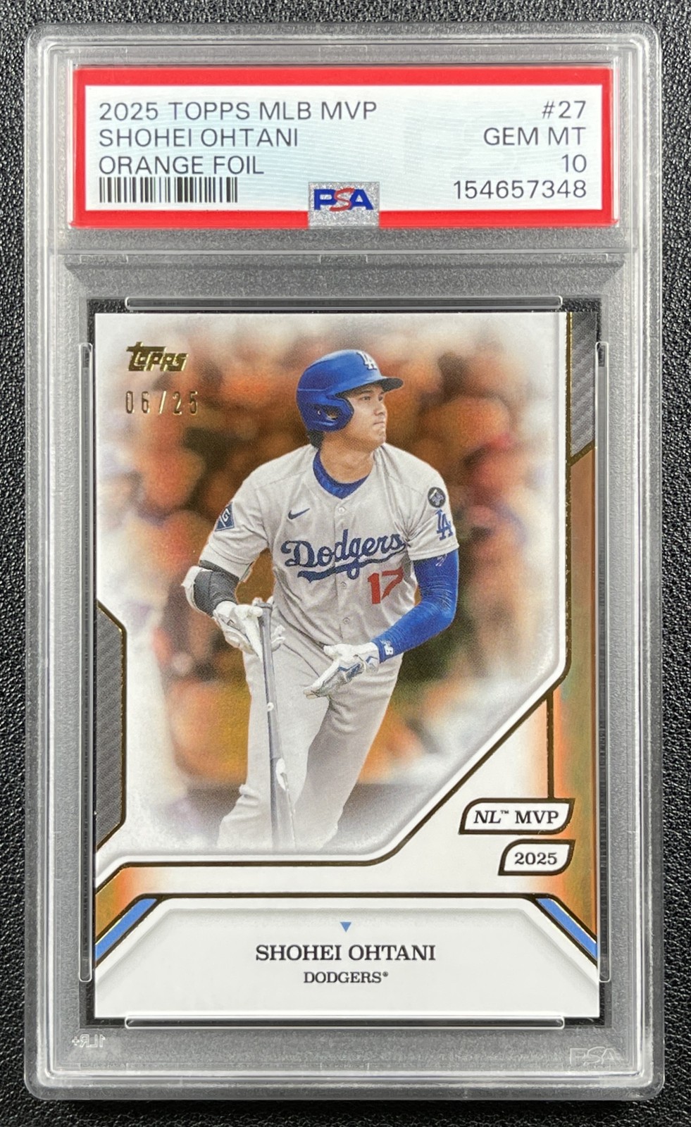 SHOHEI OHTANI PSA 10 2025 TOPPS MVP COLL #27 ORANGE FOIL 6/25 DODGERS view 1
