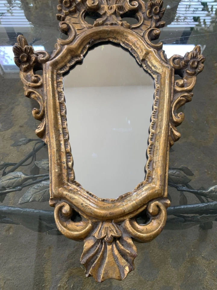 Espejo antiguo barroco italiano tallado a mano dorado Foto 4 de 4