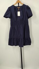 Quince Women 100% Organic Cotton Poplin Tiered Mini Dress Navy Basic Sleeved M