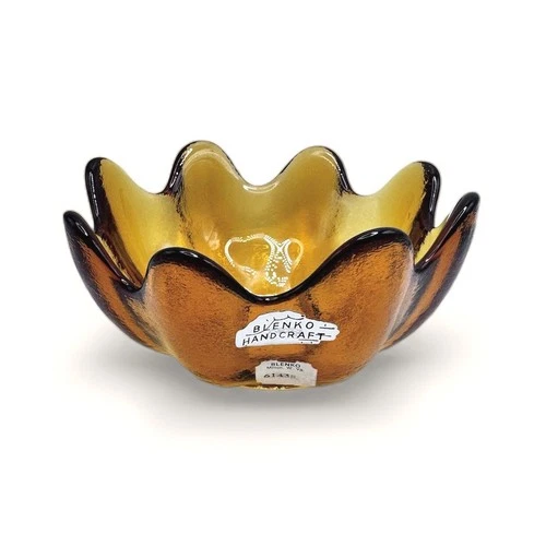 Blenko Handcraft Amber Glass Scalloped Wavy Lotus Bowl Mid Century Modern MCM