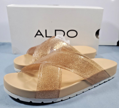 ALDO Valery Gold Glitter Jelly Slide Sandals Womens Size 8 Criss Cross NEW