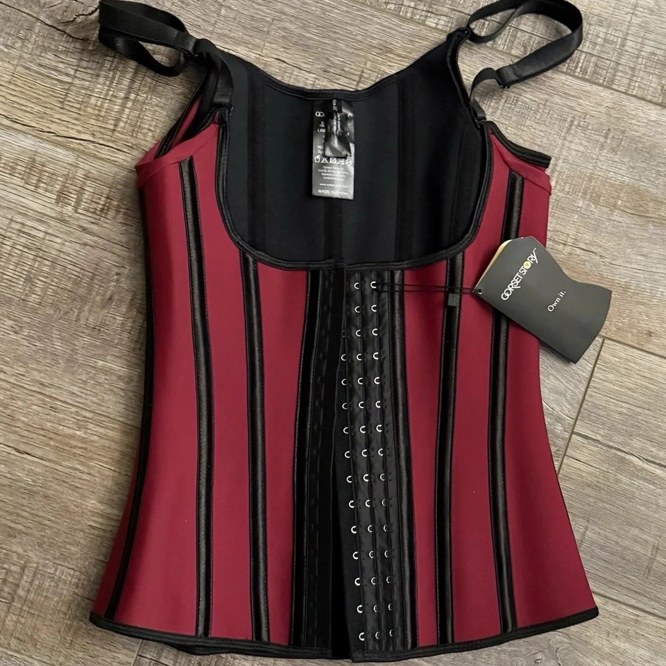 NWTsCorset Story Underbust Latex Corset Adjustable Sz 22 Waist Cinching Burgundy - Image 2 of 4