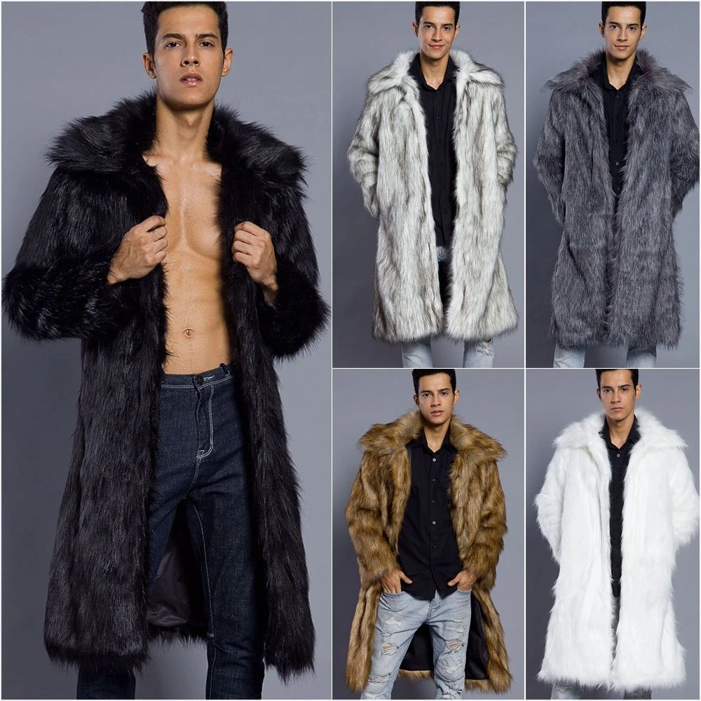 Mens Long Faux Fur Coat Luxury Furry Jacket Shaggy Jakcets Winter Warm Outerwear