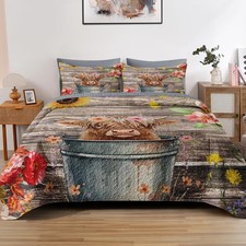 Quilt Set Full/Queen Size, Flower Highland Cow 3 Pcs Soft Bed Cover Bedding S...