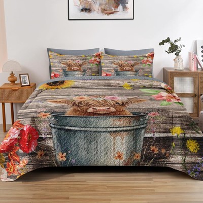 Quilt Set Full/Queen Size, Flower Highland Cow 3 Pcs Soft Bed Cover Bedding S...