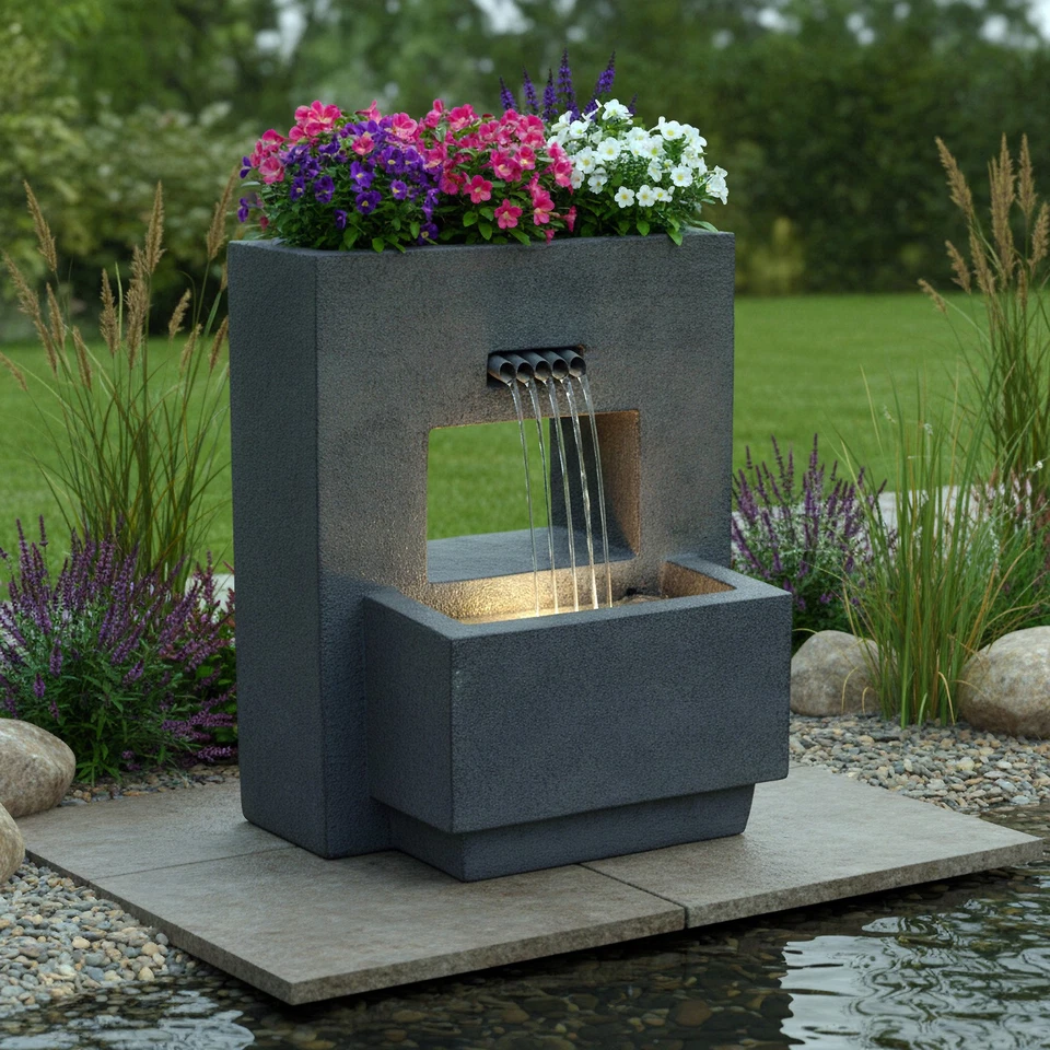 Gartenbrunnen mit Beleuchtung bepflanzbar Betonoptik 57 cm Springbrunnen LED - Bild 2 von 4
