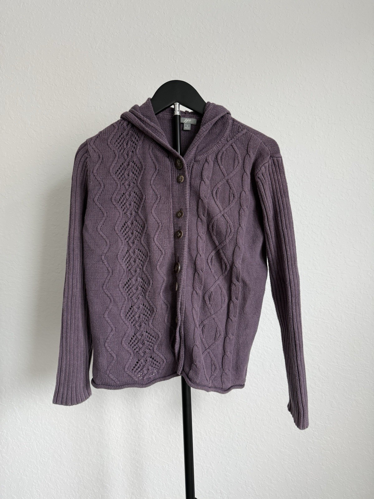 J Jill Sweater Chenille Tunic Cable Knit Womens Small Cardigan Purple Hooded