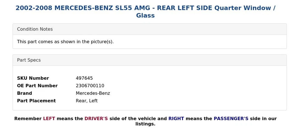 Mercedes-Benz SL55 AMG 2002-2008 - Cuarto de ventana trasero izquierdo/vidrio Foto 4 de 4