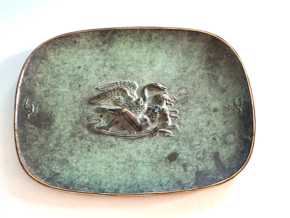 Vintage Fritz Nuss Bronze Teller Schale Frau Akt Leda mit Schwan 1946 (F025-958)