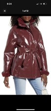 J.o.a Fur Faux Lined Glossy Tie Waist Burgundy Woman Coat Jacket Size S