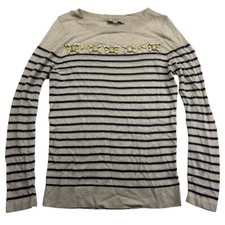 Ann Taylor LOFT Beige Striped Knit Sweater L/S Beaded Neckline Boat Neck Sz L