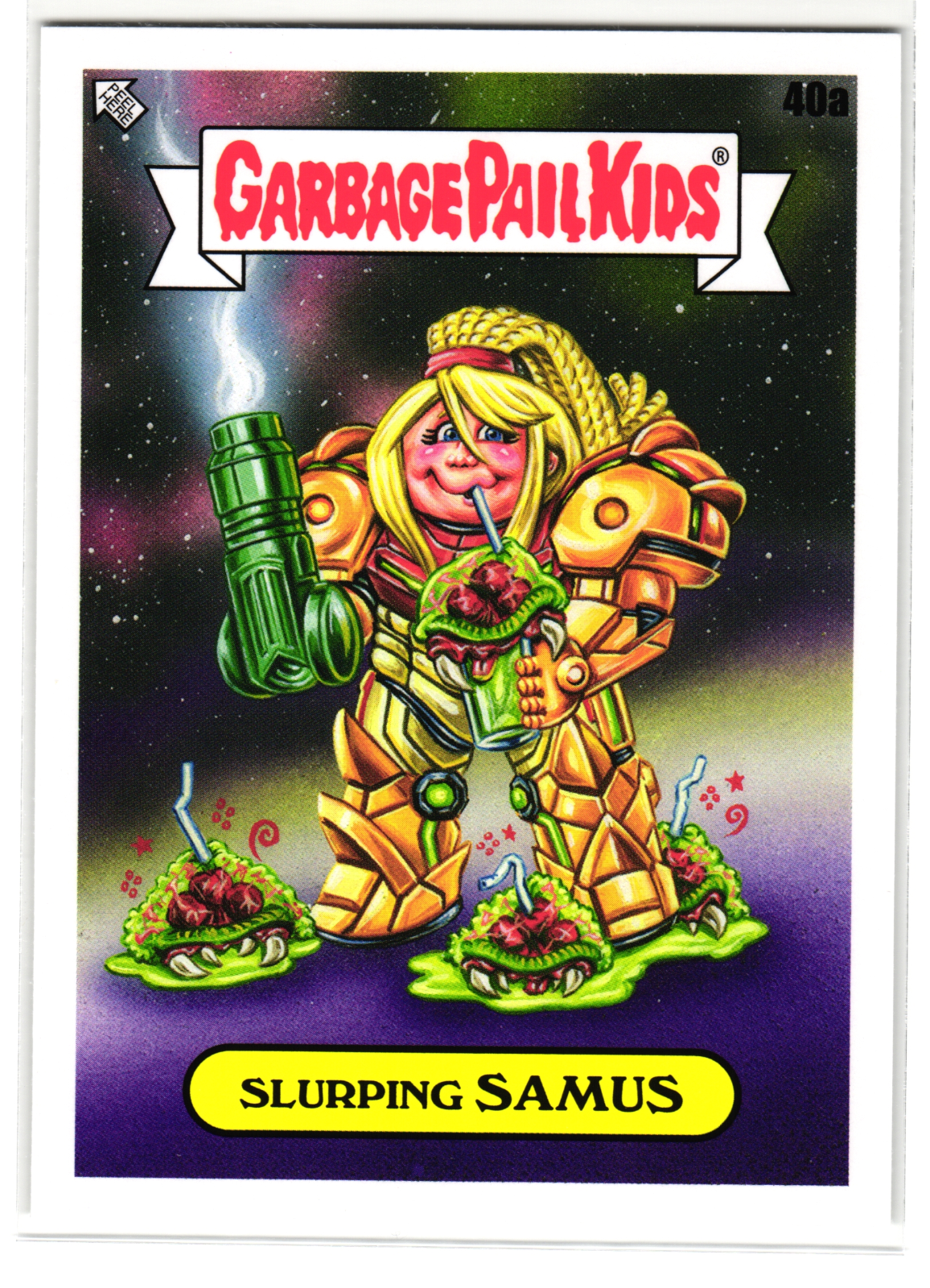 Slurping Samus 2023 Garbage Pail Kids Metroid Video Game Parody Card 40a
