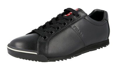 PRADA Leather Sneakers - Red Stripe - 4E2719 - Black - NEW - US 10