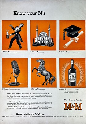Mattingly & Moore M&M Whiskey Vintage Full Page Color Print Ad Bar Art Decor