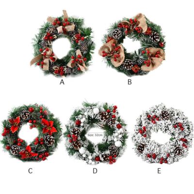 Lksixu Christmas Wreath For Front Door, Christmas Decorations, 17.71 Inch Green Pine Garland With LED Light, Decorated With Pines Cones Berry Frosted Branches Hanging Ornament For Door Window