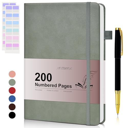 Lined Journal Notebook for Men Women, 200 Numbered Pages Leather Green