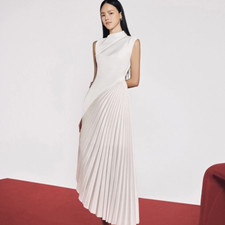 Women Long Dresses Pleated Asymmetrical Hem Sleeveless Evening Party Back Zipper