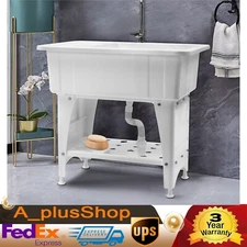White Utility Sink Laundry Tub Freestanding Sink Wash Station w/ Faucet Home
