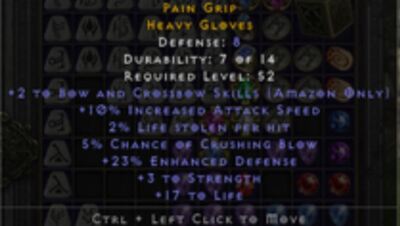 D2R Diablo 2 Resurrected +2Bow/10%ias/2%LL/5% cb/str/life gloves PC SC NL