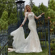 Mermaid Boho Wedding Dress Long Sleeve Lace Applique Beading Train Bridal Gown