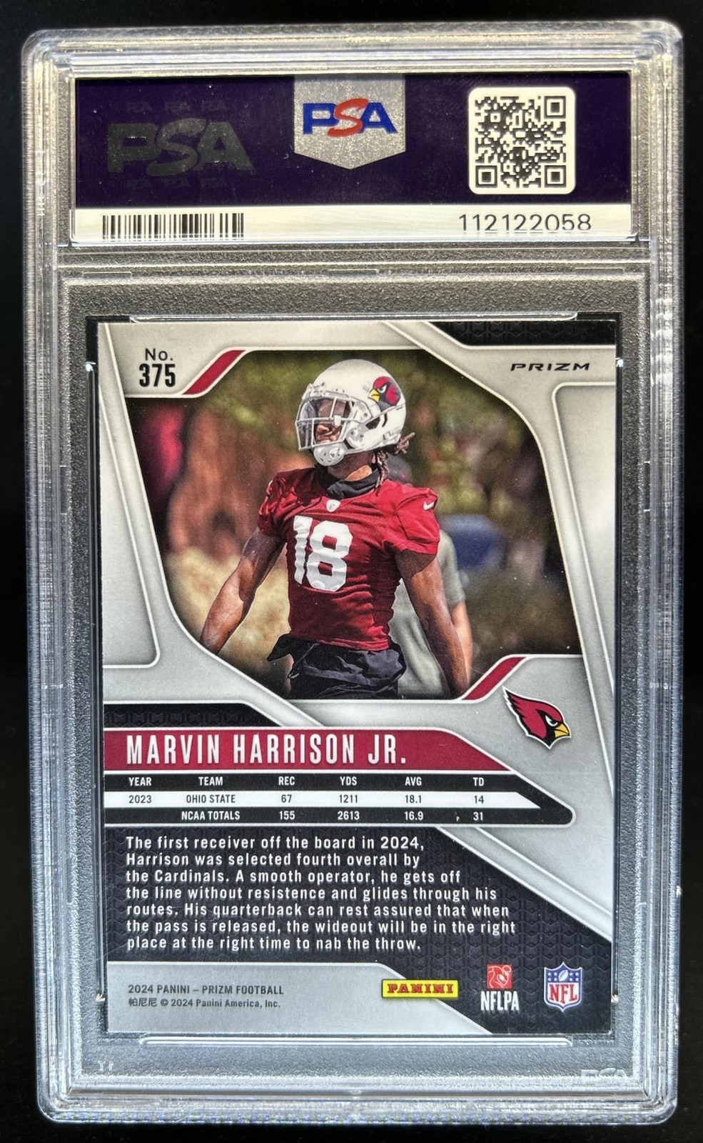 2024 Panini Prizm Marvin Harrison Jr. RC Silver Rookie #375 Cardinals PSA 9 view 2