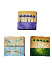 Texas Artist Jo Edwards Set Of 3 6” Oil Paintings Bright Colorful Trees Orchard