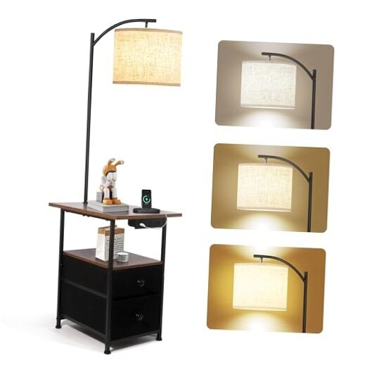 Rustic Brown Floor Lamp with Side Table & 2 Drawers, 3 Color Options-image