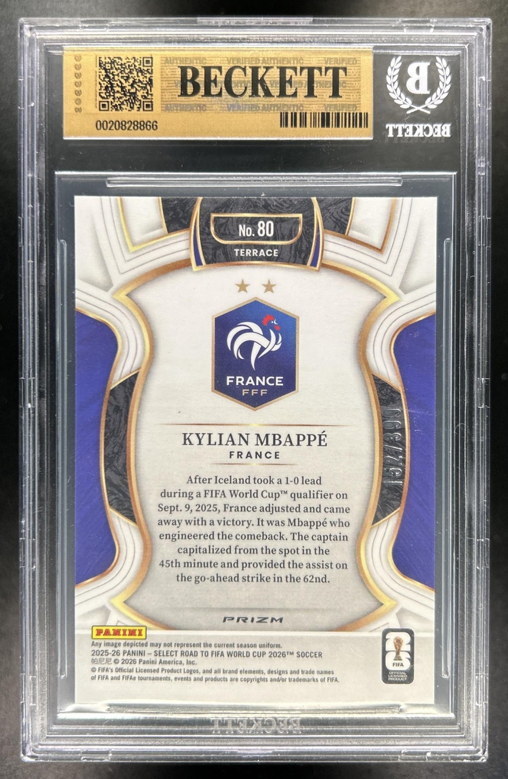 2025-26 Select Road to World Cup Kylian Mbappe Terrace Pink Mojo #/399 BGS 9.5 view 2