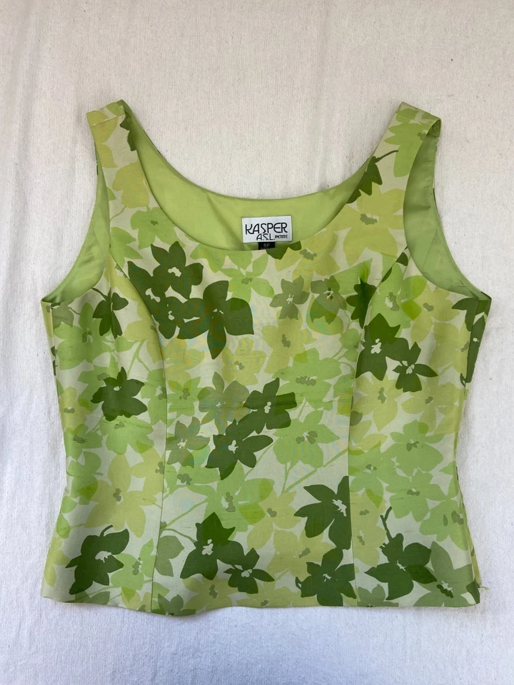 Usado en Excelente Condición Kasper ASL Petite 6P Verde Seda 3 Piezas Falda Blusa Blazer Floral Negocios Foto 3 de 4