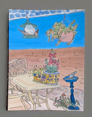 Life On The Back Patio Original Watercolor Birds Plants RAMfish Artist 9'' X 12''