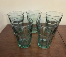 Set Of 5 Vtg Heavy Libby Duratuft Gibraltar Green 5" 12 Oz Glasses - NICE!
