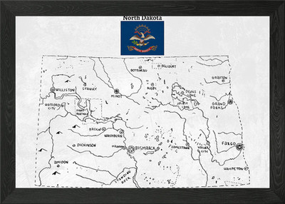 Hand Drawn Map of North Dakota Framed Wall Art Poster Canvas Print Picture
