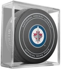 Winnipeg Jets Throwback NHL Team Sher-Wood Official Ice Hockey Game Puck IN CUBE