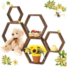 5 Pcs Honey Comb Decorations 5 Sizes Wood Hexagon Shelves Honeycomb Centerpie...