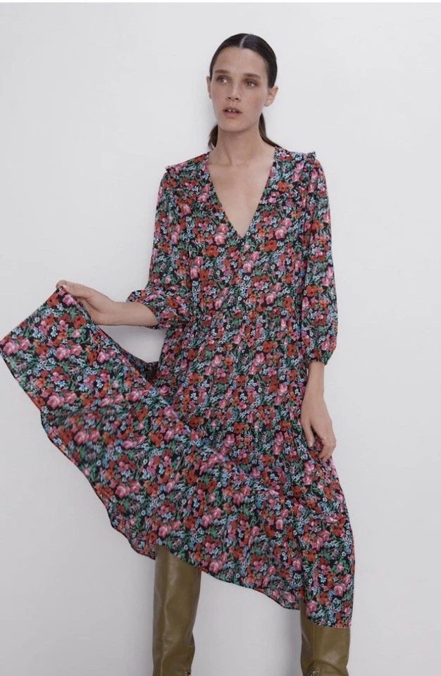 Maxi Vestido ZARA Cuello en V En Niveles Floral Amapola Multi Boho Chic Moody Floral Talla L Foto 3 de 4