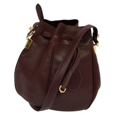 CARTIER Shoulder Bag Leather Bordeaux Gold Auth bs22244