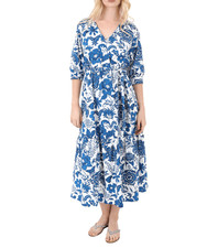 Zingara Blue White Floral Half Sleeve Midi Tea Dress Women's Size Small