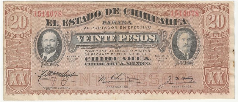 CHIHUAHUA MEXICO  20 PESO BANKNOTE  1915  PICK S537a  AU