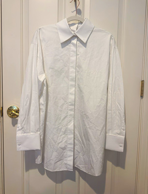 Lafayette 148 Women s White Solid Cotton Dress Shirt M Point Collar RFID