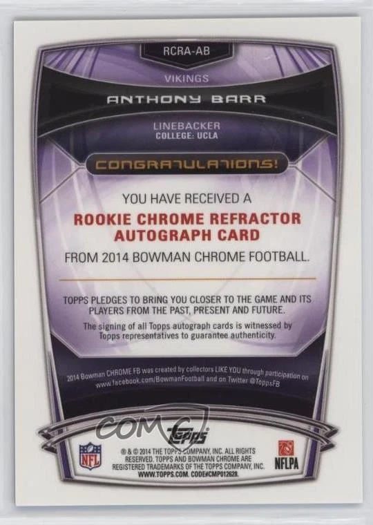 2014 Bowman Chrome Rookie Blue Refractor /199 Anthony Barr #RCRA-AB Auto RC - Image 2 of 2
