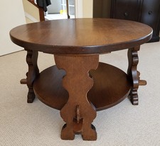 Round Wooden Coffee Table with Lower Shelf – Classic Design Carved Legs Antique
