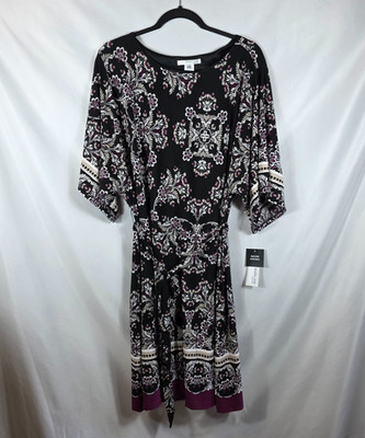 Studio One Belted Shift Dress Women's Size XL Black & Purple Floral Print NEW
