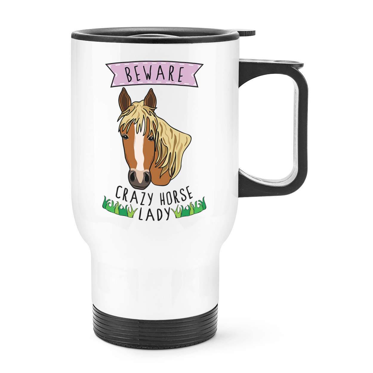 Beware Crazy Horse Lady Travel Mug Cup With Handle - Funny Pony Thermal Flask