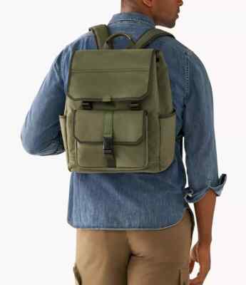 Fossil Weston Nylon Olive Green Laptop Backpack Leather Trim  display picture 2